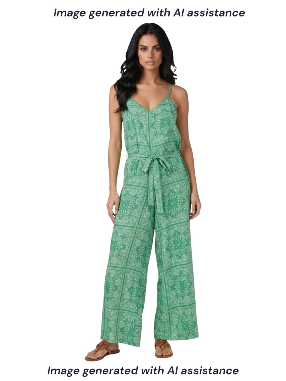 NWT Aiblee L green paisley wide leg jumpsuit